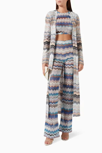 Zigzag Belted Long Cardigan in Viscose-blend Knit
