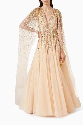 Alondra Sequin-embellished Cape Gown