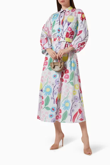 Hibiscus-C Printed Shirt Dress in Cotton-satin