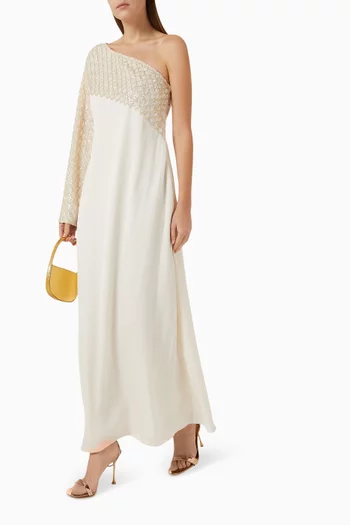 One-shoulder Dress in Silk & Beaded Lace