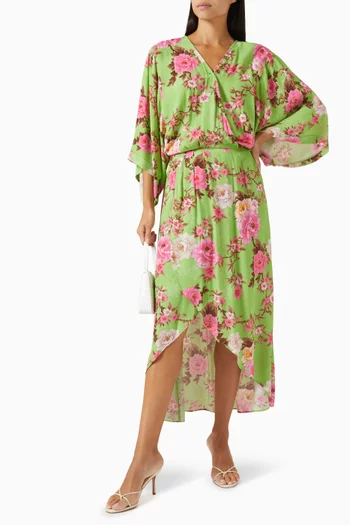 Floral-print Asymmetrical Midi Dress in Viscose-crepe