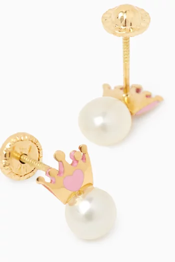 Hearted Crown Pearl & Enamel Stud Earrings in 18kt Gold