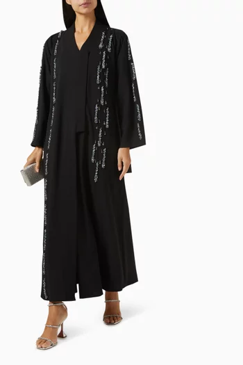 Multi-beads & Crystal Embroidered Abaya in Mixed Linen