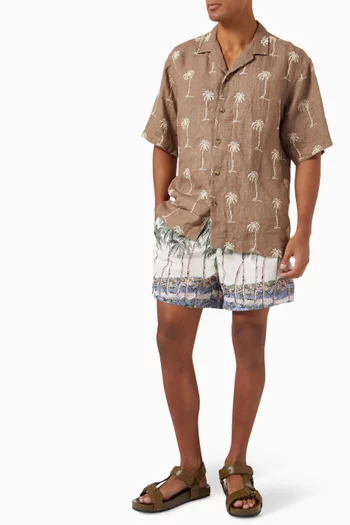 Palm Tree Embroidery Resort Shirt in Linen