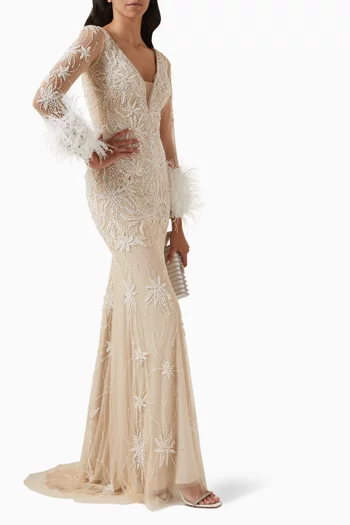 Feather-trim Gown in Beaded Tulle