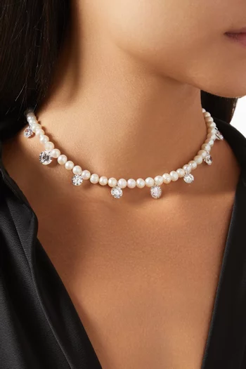Pearl & Cubic Zirconia Beaded Necklace in Sterling Silver