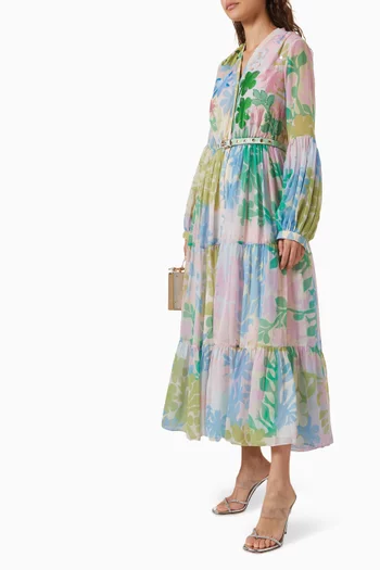 Floral-print Belted Midi Dress in Chiffon
