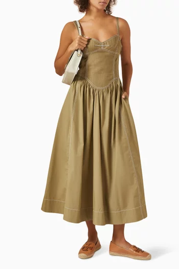 فستان متوسط الطول بصدرية قطن تويل