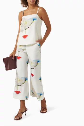Floral-print Flared Pants in Satin