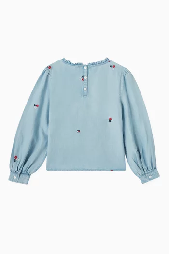 Floral-embroidered Blouse in Chambray
