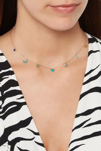 قلادة بحلي بحروف كلمة الحب ذهب أصفر ومينا فيروزي