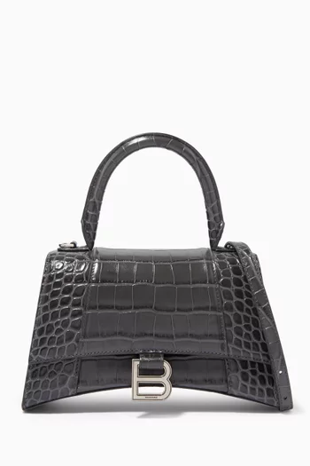Hourglass Small Top Handle Bag in Shiny Crocodile-Embossed Calfskin        