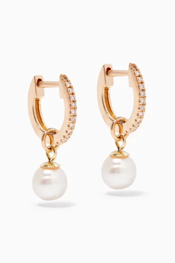 Freshwater Droplet Pearl Pavé Huggies in 14kt Yellow Gold   