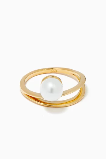 Double Band Pearl Ring in 9kt Yellow Gold          