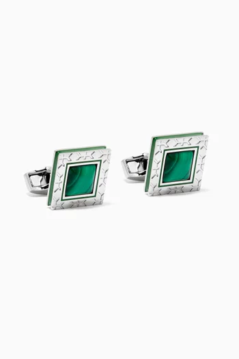 Square Cufflinks in White Bronze Plating & Malachite Cabochan  