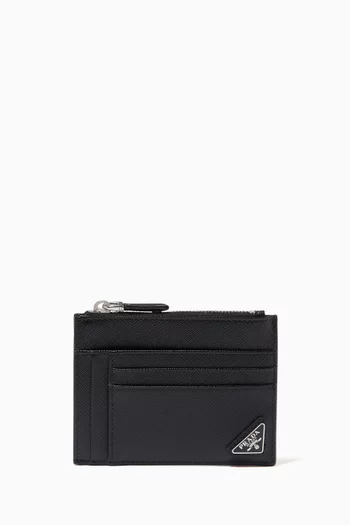 Triangle Logo Card Holder in Saffiano Leather     