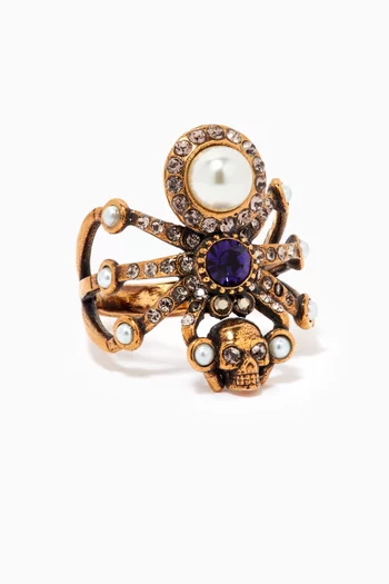 Spider Crystal & Pearl Ring in Brass 