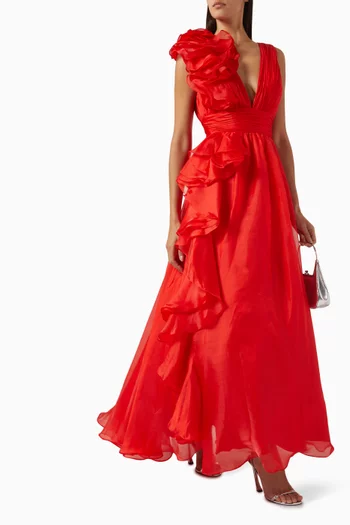 V-neck Ruffle Gown in Chiffon