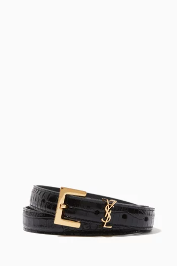 Monogram Narrow Belt with Square Buckle in Crocodile -embossed Leather               