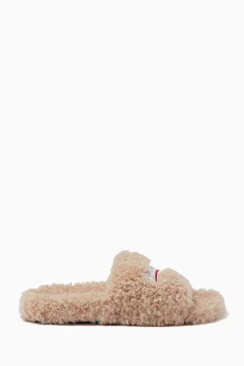 Political Campaign Furry Slide Sandals in Faux Shearling   