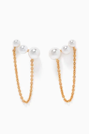 Triple Pearl Chain Earrings in Gold-plated Brass