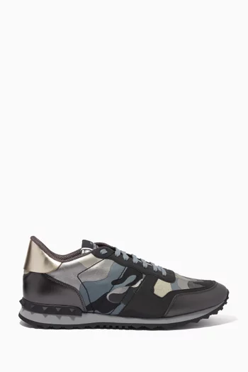 Valentino Garavani Camouflage Rockrunner Sneakers in Fabric & Metallic Leather