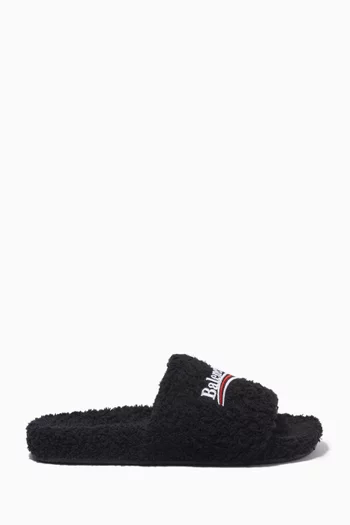 Political Campaign Furry Slide Sandals in Faux Shearling    
