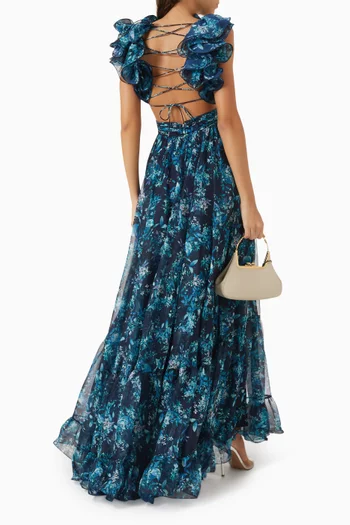 Ruffled Floral-print Gown in Chiffon