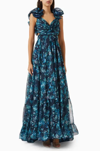 Ruffled Floral-print Gown in Chiffon