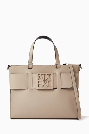 حقيبة يد كبيرة بحلية شعار الماركة جلد صناعي