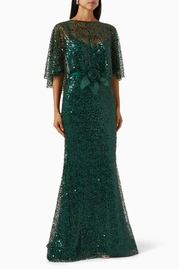 Mermaid Cape Gown in Stretch-sequin