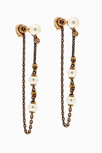 Pearl Skull Drop Chain Earrings in Brass