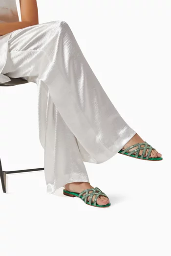 Zuri Crystal Flat Sandals in Croc-embossed Leather
