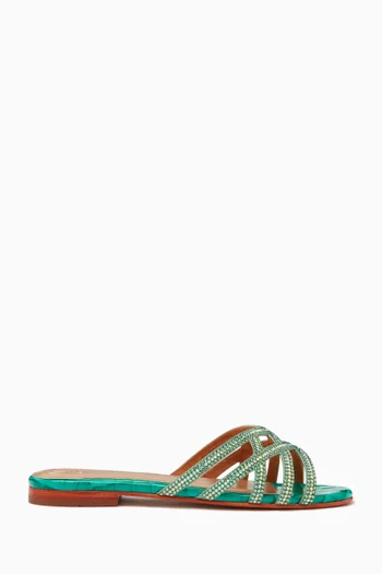 Zuri Crystal Flat Sandals in Croc-embossed Leather