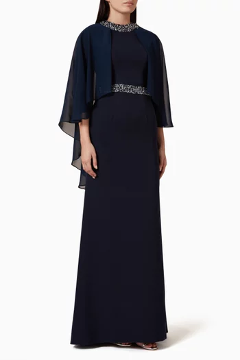 Sequin-embellished Cape Maxi Dress in Chiffon