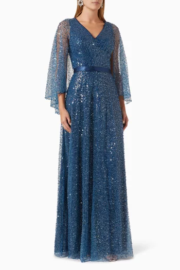 Sequin-embellished Cape Maxi Dress