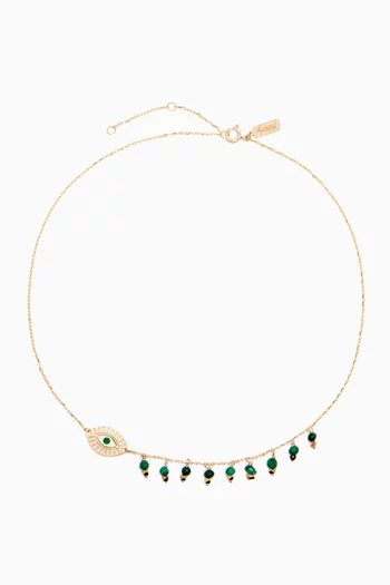 One Side Dangling Evil Eye Malachite Necklace in 18kt Yellow Gold