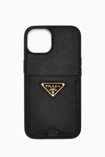 Triangle Logo iPhone 14 Case in Saffiano Leather