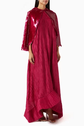Sequin-embellished Cape Maxi Dress in Plissé
