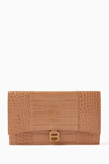 Hourglass Flat Pouch with Flap in Shiny Crocodile-embossed Calfskin