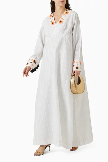 Embroidered Maxi Kaftan in Cotton & Linen