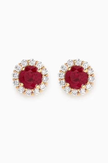 Round Ruby & Diamond Halo Studs in 18kt Yellow Gold