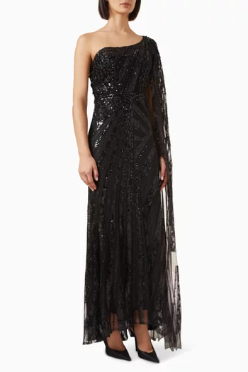 One-shoulder Embellished Cape Gown