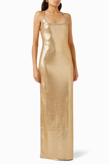 فستان هارلو طويل بتصميم على شكل حرف T جيرسيه مزين بترتر