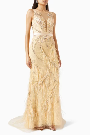 Basix feather embellished gown deals