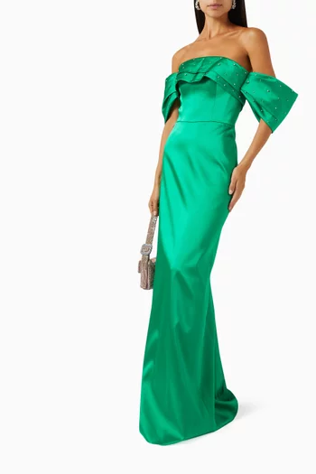 Off-shoulder Embroidered Dress in Satin