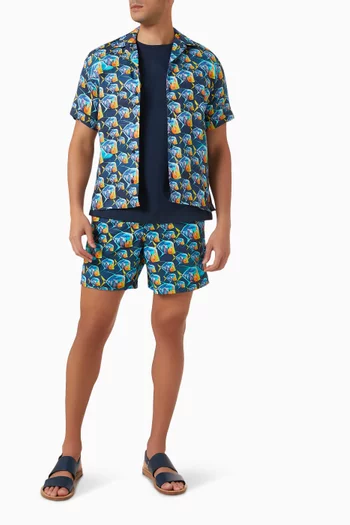 Piranha Print Bowling Shirt in Linen