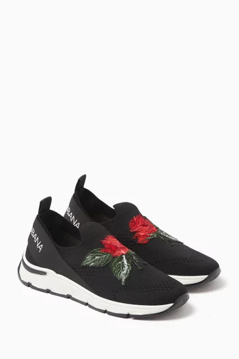 Rose-embroidered Logo Sneakers in Knit Textile