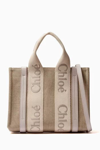 Small Woody Embroidered Tote Bag in Linen Canvas