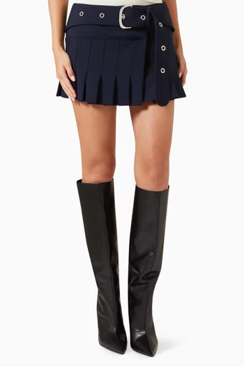 Belted Pleated Mini Skirt in Stretch Wool
